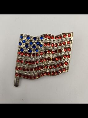 Large Rhinestone Wavy American Flag Brooch Red Blue Clear Sparkle Patriotic